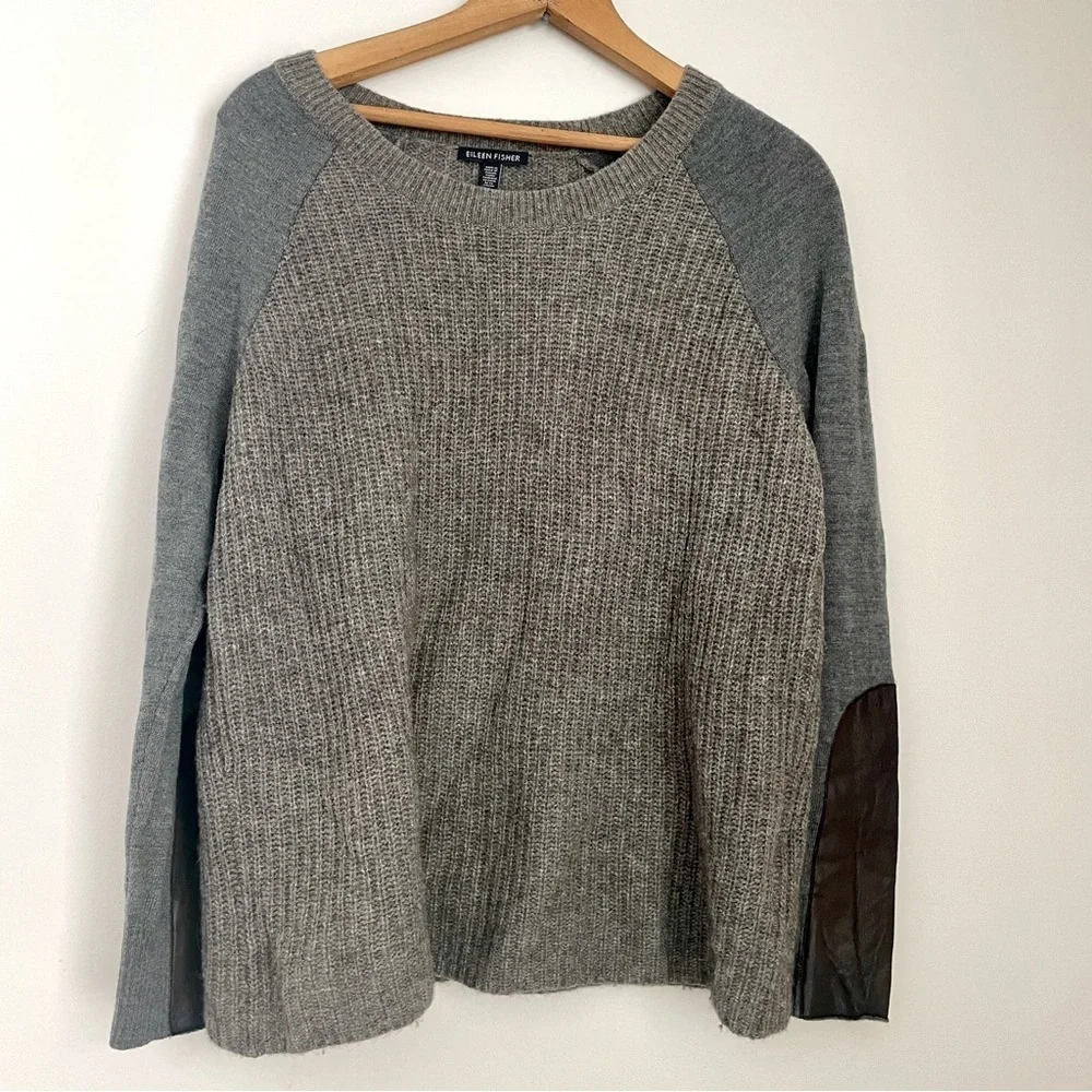 Eileen Fisher Raglan Crewneck Sweater Grey Gray Beige Medium Yak